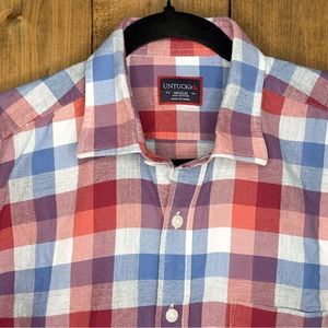 Untuckit Mens Flannel Red White Blue Plaid Button Down Shirt Size Medium